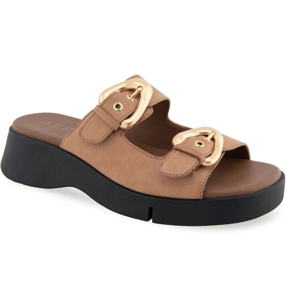 Aerosoles - Women’s Faith Slide Sandals Tan Leather Chunky Platform Comfort